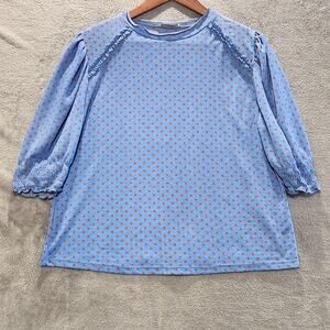 Zara Collection Womens Blue Orange Polka Dot Blouse Ruffle Sleeves Size Medium